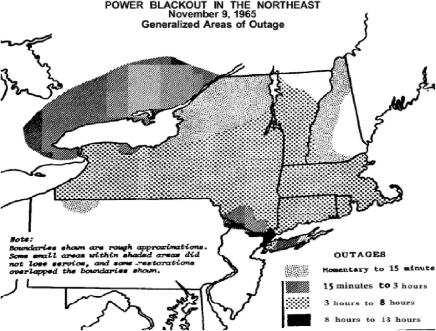 Map of the November 9, 1965 Northeast blackout showing outage durations from momentary to 13 hours across New York and New England