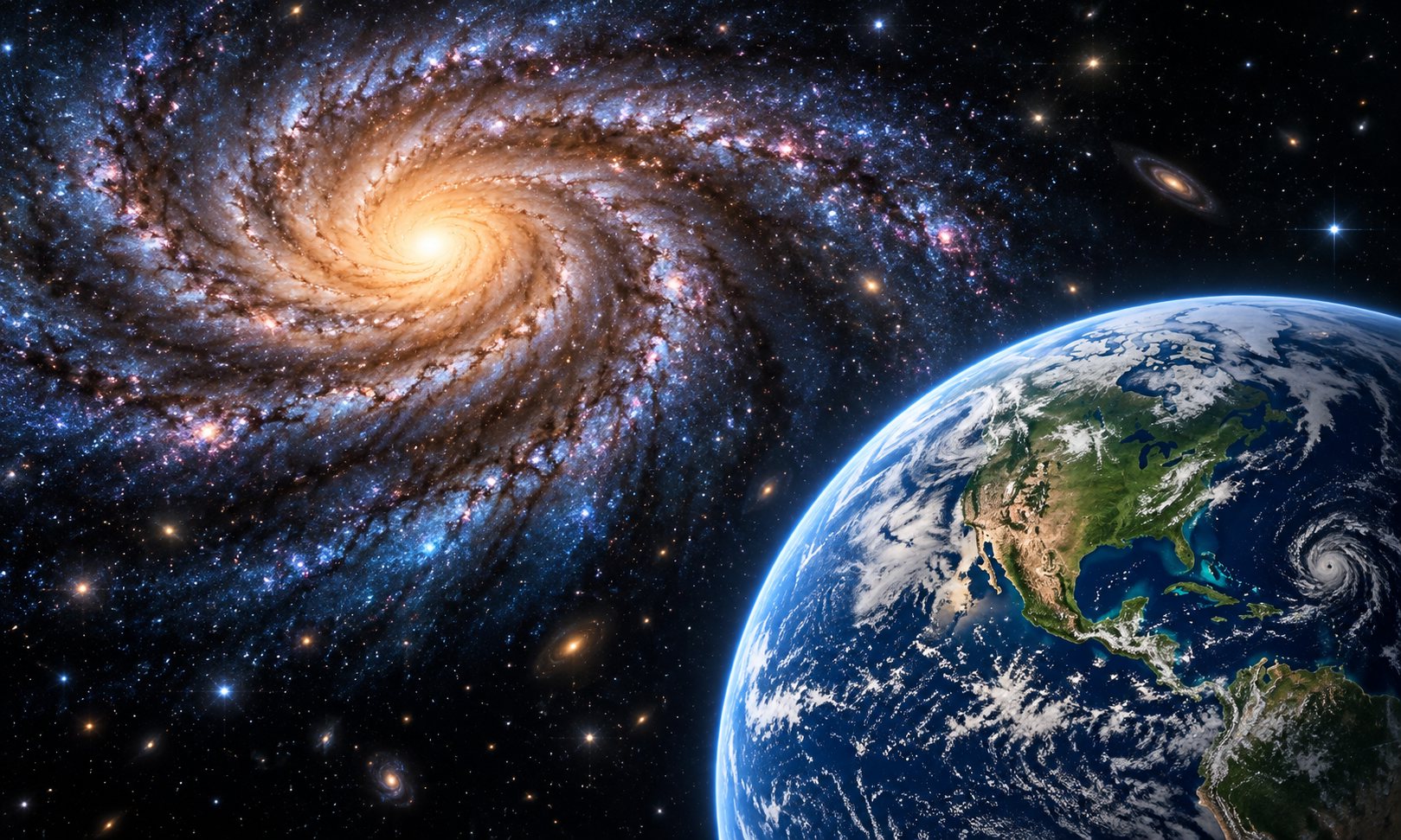 A luminous spiral galaxy and Earth against a field of stars